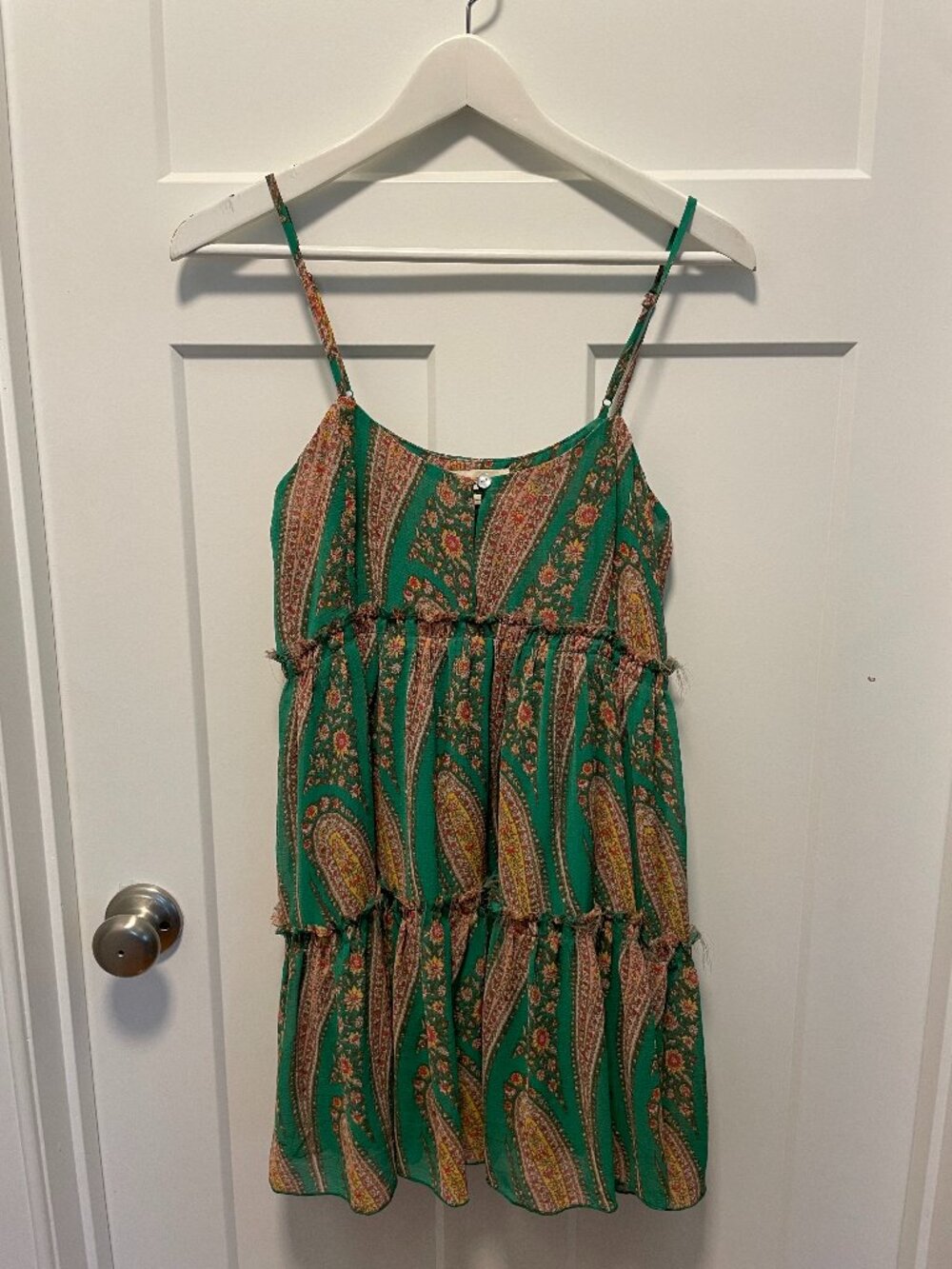 Urban Outfitters Rory Paisley Mini Dress Green Chiffon Tiered Babydoll Size S